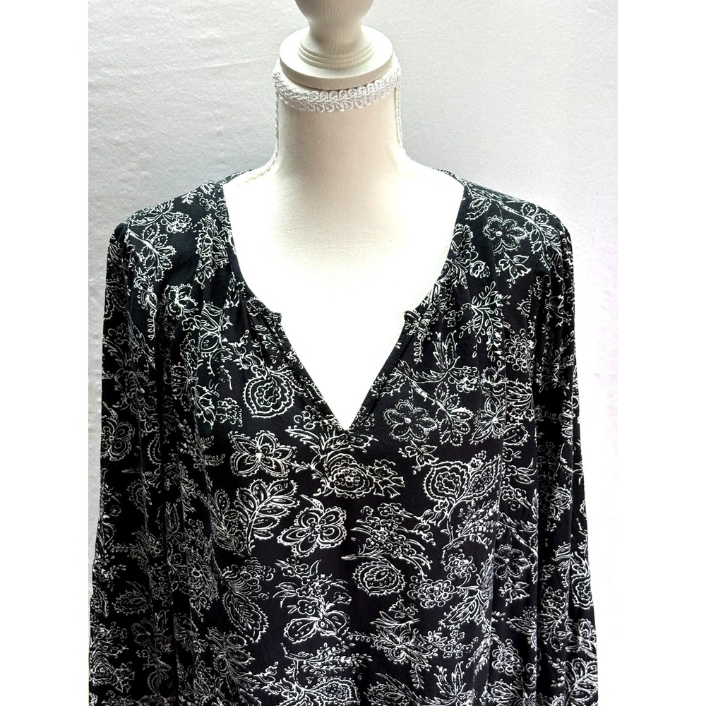 Boho Paisley Blouse Black White V Neck Long Sleeve Tunic Women's Large - Picture 3 of 10